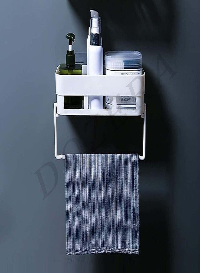 DOZERA Multipurpose Rectangular Bathroom and Kitchen Shelf Wall Storage Holder Bathroom Storage Shelves Self-Adhesive Waterproof Magic Sticker Storage Racks with Towel Hanger (1 Bathroom Shelves with Hanger) - Image 1